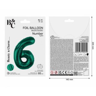 Fóliová ČÍSLICE 6, smaragdově zelená barva, velikost 85cm (zn. Godan, Beauty&Charm)