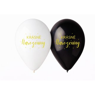 Latexový balónek KRÁSNÉ NAROZENINY, bílý a černý mix, velikost 30cn (zn. GEMAR)