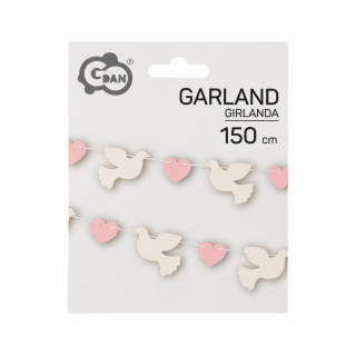 Girlanda papírová HRDLIČKY a SRDCE, bílo-růžová, délka 150cm (zn. Godan)