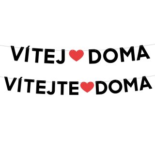 Papírová girlanda Vítej doma / Vítejte doma + SRDCE – černá, délka 110cm, stuha 300cm (zn. BalonkyPraha)