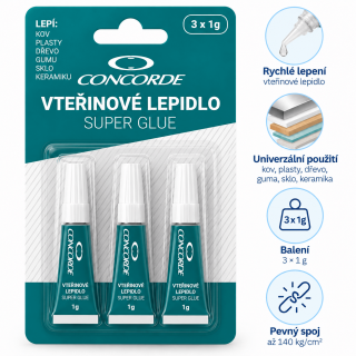 Vteřinové lepidlo CONCORDE, 3x1g, blistr