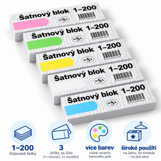 Šatnový blok / lístky do tomboly 1-200 čísel, 3 útržky od každého - žlutá barva