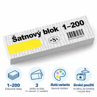Šatnový blok / lístky do tomboly 1-200 čísel, 3 útržky od každého - žlutá barva