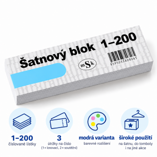 Šatnový blok / lístky do tomboly 1-200 čísel, 3 útržky od každého - modrá barva