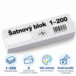 Šatnový blok / lístky do tomboly 1-200 čísel, 3 útržky od každého - bílá barva
