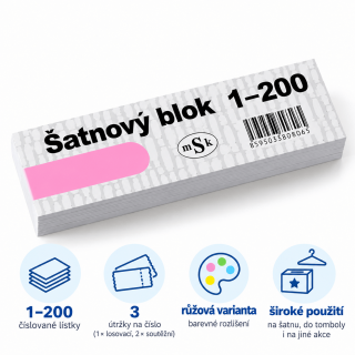 Šatnový blok / lístky do tomboly 1-200 čísel, 3 útržky od každého - růžová barva