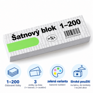 Šatnový blok / lístky do tomboly 1-200 čísel, 3 útržky od každého - zelená barva