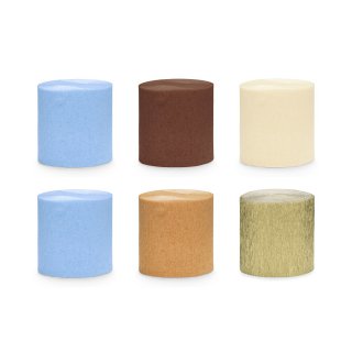 Sada krepových stuh – modro-hnědo-zlaté barvy, 5cm/10m - set 6ks (zn. PartyDeco)