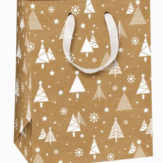 Vánoční dárková taška KRAFT stromečky - bílé ucho, rozměr 26.4x13.6x32.7cm (zn. Ditipo)