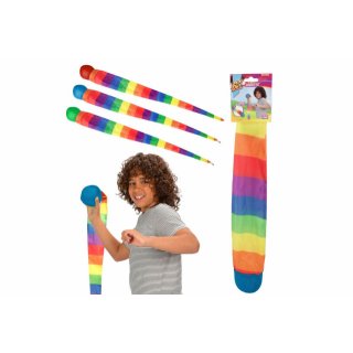 Míček měkký s dlouhým ocáskem, látka 100 cm, duhový na kartě (zn. Toi-Toys)