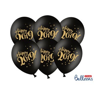 Balonek "Happy 2019!" černý se zlatým nápisem, 30 cm