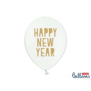 Balonek "Happy New Year" bílý se zlatým nápisem, 30 cm