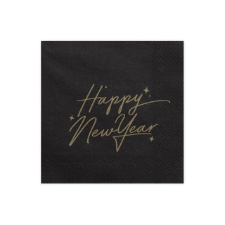Ubrousky třívrstvé "Happy New Year" černé se zlatým nápisem (zn. PartyDeco)