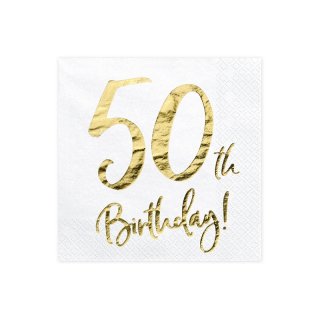 Ubrousky pro 50. narozeniny, bílé se zlatým nápisem (zn. PartyDeco)