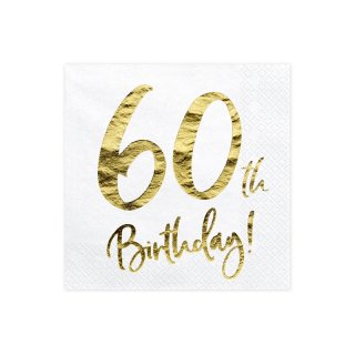 Ubrousky bílé se zlatým nápisem "60th birthday"