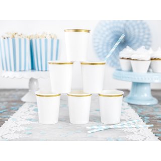 Papírové kelímky bílé se zlatým lemem, 260ml, set 6ks (zn. PartyDeco)