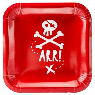 Papírové talířky PIRÁTI ARR! - červené, 20x20cm, set 6ks (zn. PartyDeco)