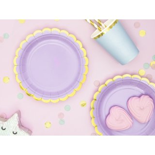 Papírové talířky, fialové se zlatým okrajem, 18cm, set 6ks (zn. PartyDeco)
