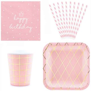 Papírové talířky, růžový se zlatým proužkem, set 6ks (zn. PartyDeco)