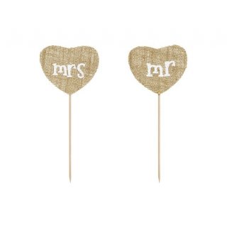 Zápichy ve tvaru srdce z juty Mr a Mrs, 18.5cm, set 2ks (zn. PartyDeco)