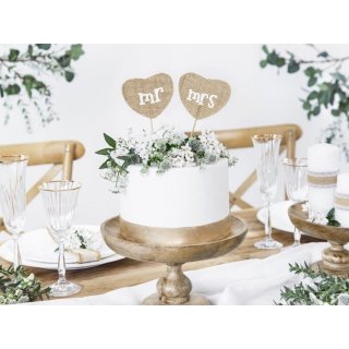Zápichy ve tvaru srdce z juty Mr a Mrs, 18.5cm, set 2ks (zn. PartyDeco)