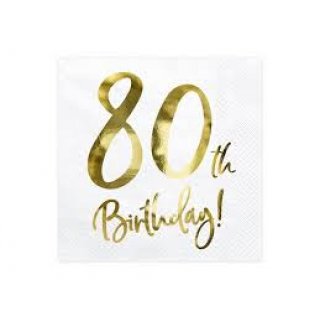 Ubrousky bílé se zlatým nápisem "80th birthday"