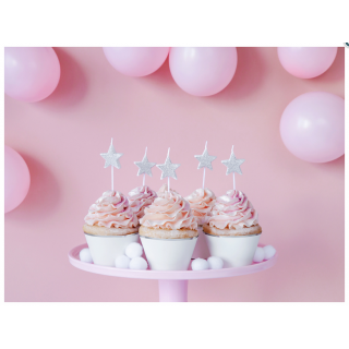 Narozeninové svíčky / zápichy Hvězdy, stříbrné, 3.5cm, set 5ks (zn. PartyDeco)