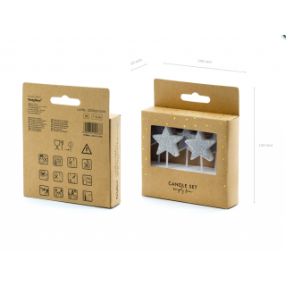 Narozeninové svíčky / zápichy Hvězdy, stříbrné, 3.5cm, set 5ks (zn. PartyDeco)