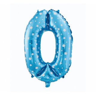 Foliový balón "0" modrý s hvězdami, 61cm