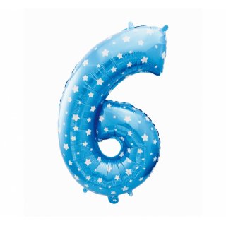 Foliový balón "6" modrý s hvězdami, 61cm