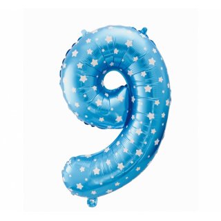 Foliový balón "9" modrý s hvězdami, 61cm