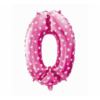 Foliový balón "0" růžový se srdíčky, 61cm
