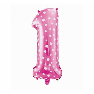 Foliový balón "1" růžový se srdíčky, 61cm