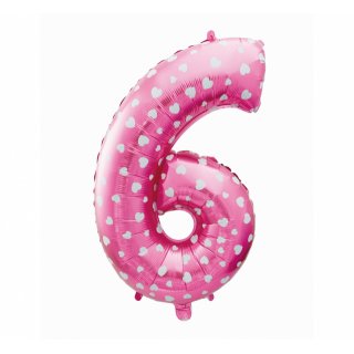 Foliový balón "6" růžový se srdíčky, 61cm