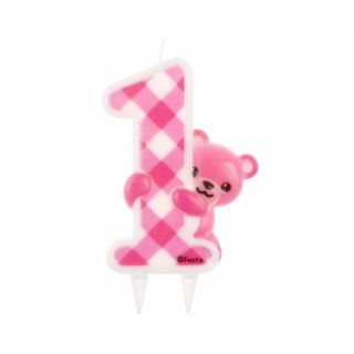 Svíčka JUMBO - Růžový Teddy Medvídek, číslo 1 na první narozeniny holčičky (zn. Godan)