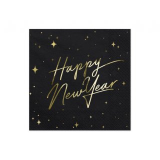 Ubrousky "Happy New Year" 33 x 33cm, černé se třpytivě zlatým nápisem, 20ks