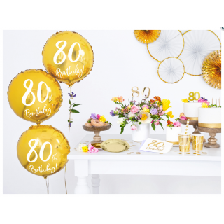 Fóliový balónek pro 80. narozeniny 80th Birthday, kulatý, zlatá barva, 45cm (zn. PartyDeco)