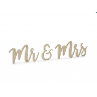 Svatební dřevěný nápis Mr & Mrs, zlatý glitrovaný (zn. PartyDeco)