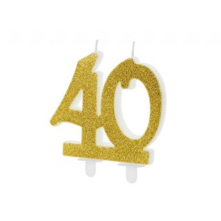 Dortová svíčka 40 pro 40. narozeniny, 8cm, zlatá barva s glitry (zn. PartyDeco)