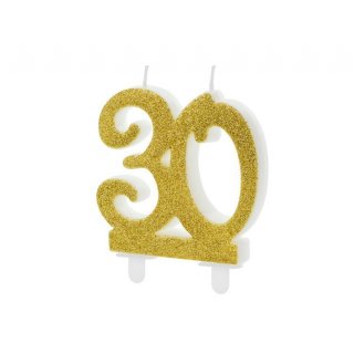 Dortová svíčka 30 pro 30. narozeniny, 8cm, zlatá barva s glitry (zn. PartyDeco)