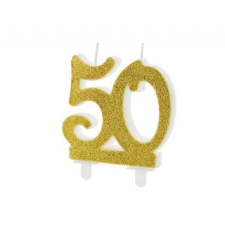 Dortová svíčka 50 pro 50. narozeniny, 8cm, zlatá barva s glitry (zn. PartyDeco)