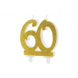Dortová svíčka 60 pro 60. narozeniny, 8cm, zlatá barva s glitry (zn. PartyDeco)