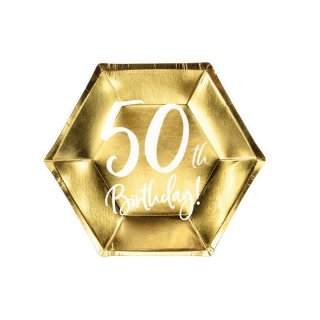 Papírové talířky pro 50. narozeniny / 50th birthday, 20x17cm, zlatá barva (zn. PartyDeco)