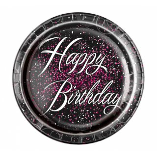 Papírové talířky Happy Birthday, černo-růžové, 22 cm, set 8ks (zn. UNIQUE)