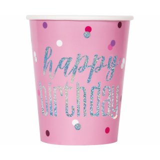 Papírové kelímky Happy Birthday - růžové, 270ml, set 8ks (zn. UNIQUE)