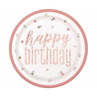 Papírové talířky Happy Birthday, bílo-růžové, 22 cm, set 8ks (zn. UNIQUE)