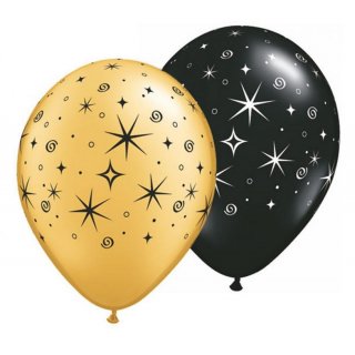 Balónek 28 cm s potiskem "Stars and swirls", metalická zlatá a černá