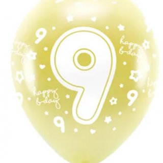 Metalické ekologické balónky 33 cm, číslo ''9'', světle zlaté, 6ks