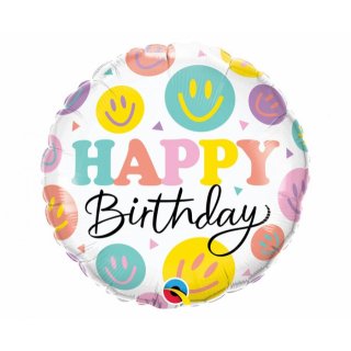 Fóliový balónek 46cm "Happy Birthday", barevní smajlíci, kulatý, 46 cm