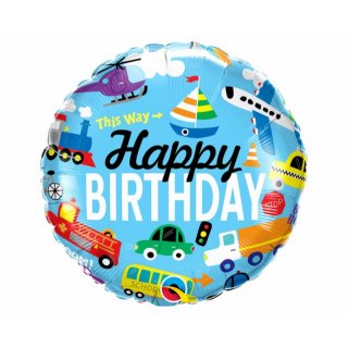 Fóliový balónek 46 cm "Happy Birthday" - dopravní prostředky, kulatý, 46 cm